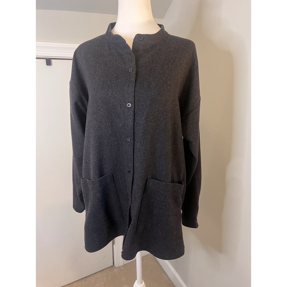 Eileen Fisher Gray Wool Button Up Shirt M mandarin collar Minimalist - Picture 2 of 6